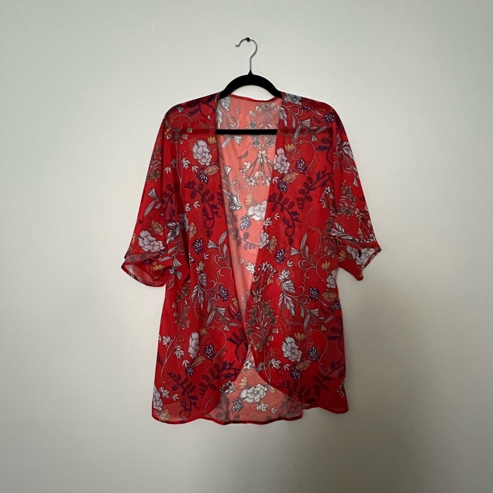Floral Red Sheer Kimono Cardigan Medium